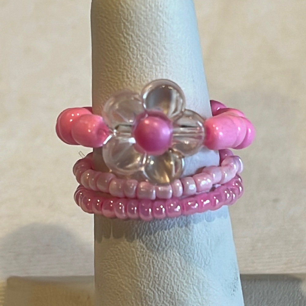Handmade Pink Beaded Flower Ring Set, Stretchy